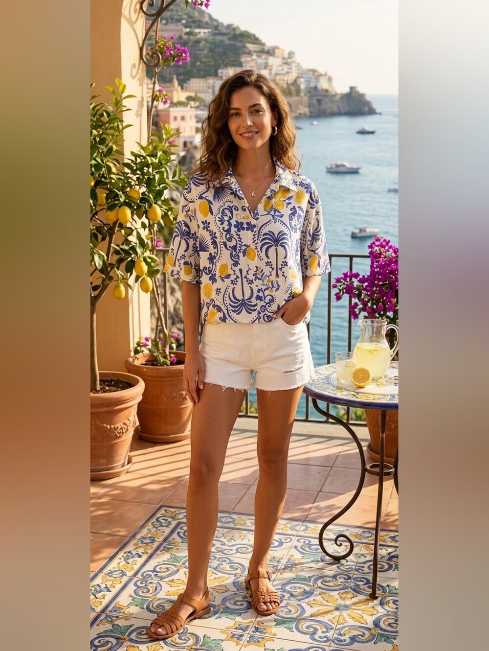 Women’s Blue & Yellow Lemon Print Button-Up Blouse